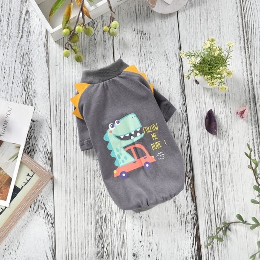 Pet Clothes Cute Dinosaur Print Dog Gray T-Shirt